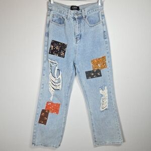 Cider Women's Wide Leg Patchwork Boho Distressed Jeans Small Streetwear Chic EUC